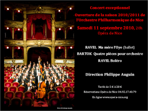 Opéra de Nice : Samedi 11 Septembre 2010 Concert d’Ouverture de la saison 2010/2011 de l’Orchestre Philharmonique de Nice…