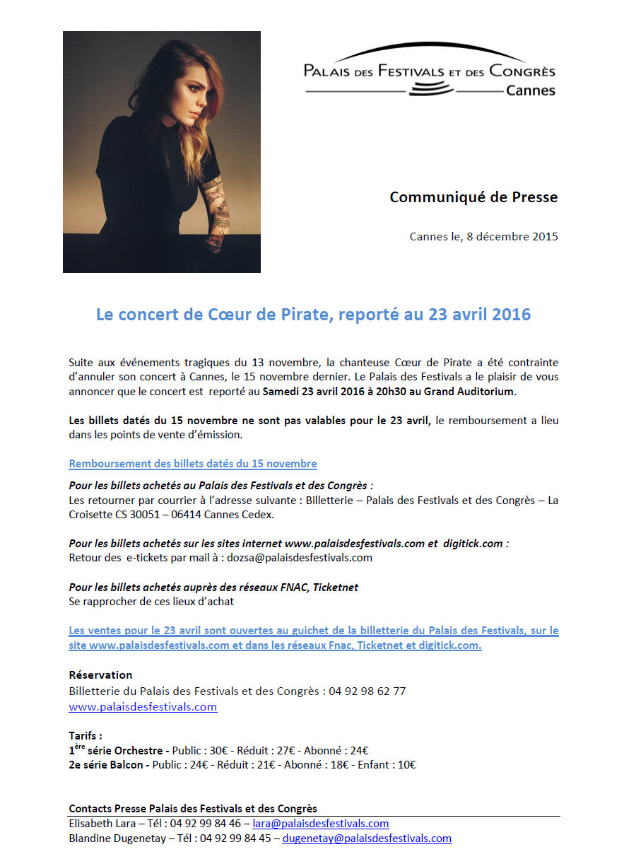 Cannes : Le concert de Cœur de Pirate, reporté au 23 avril 2016…