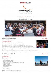 Nice : Programme des Concerts & Spectacles des mois de Septembre et Octobre 2016 au Conservatoire National à Rayonnement Régional (CNRR)…