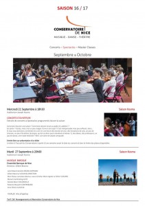Nice : Programme des Concerts & Spectacles des mois de Septembre et Octobre 2016 au Conservatoire National à Rayonnement Régional (CNRR)…
