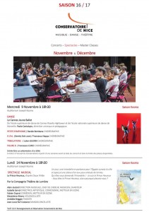 Nice : Programme des Concerts & Spectacles des mois de Novembre et Décembre 2016 au Conservatoire National à Rayonnement Régional (CNRR)…